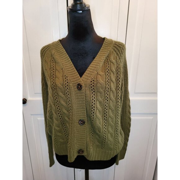 Sweaters - Olive Green Chunky Cable Knit Cardigan Sweet Envy L Neutral Minimal Preppy